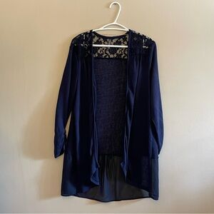 ✌️2/$10✌️ Navy Blue Lacey Waterfall Open Cardigan w Sheer Panel & 3/4 Sleeve